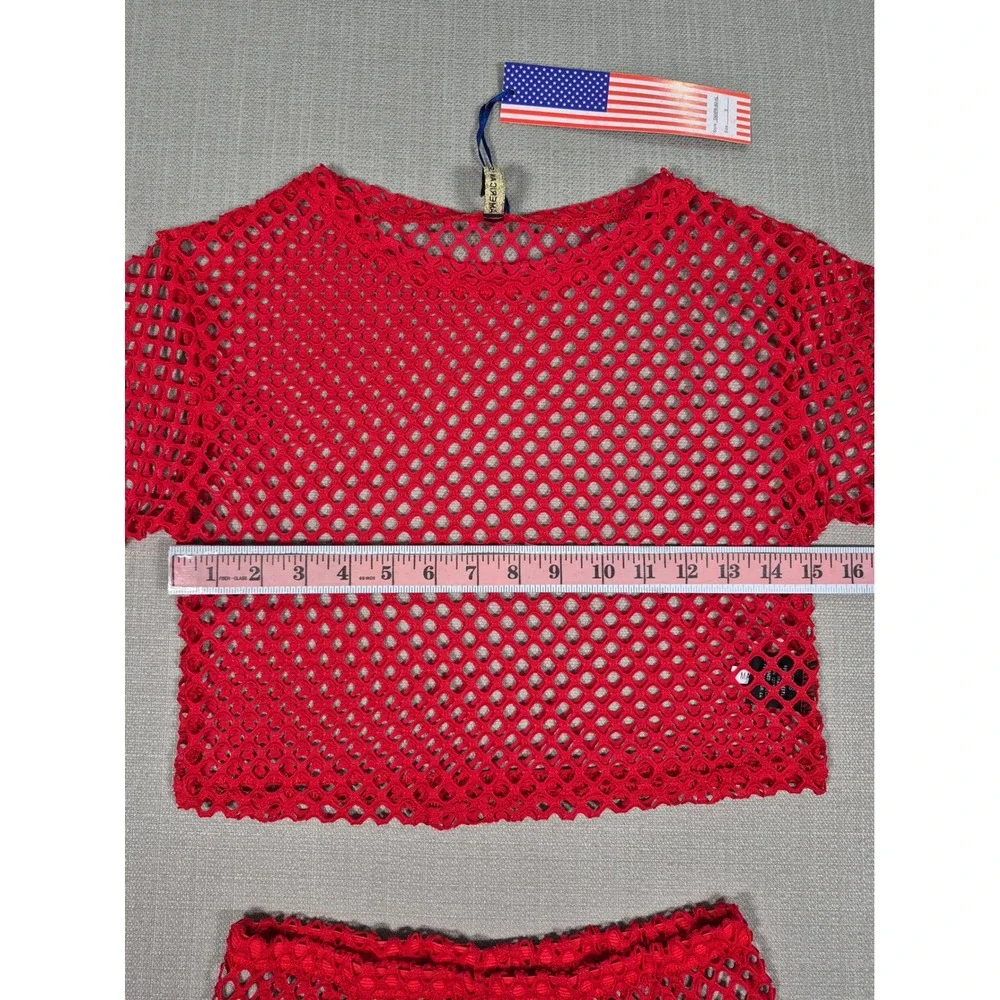 American Leisure Women's Red Mesh Two Piece Set Crop Top Shorts Size S NWT